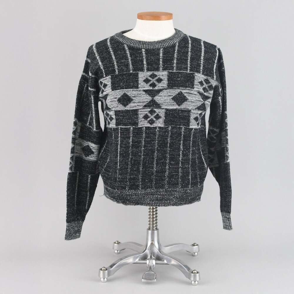 Vintage 90s Grunge Sweater, Black & Gray Geo Crewneck, Men's Small